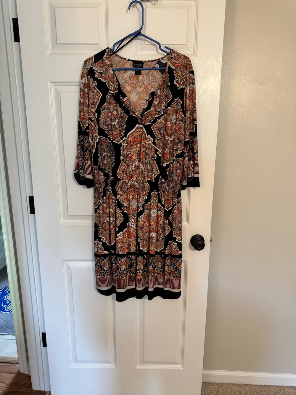 Enfocus Studio Navy Paisley-Print V-Neck Dress with Warm Accent Colors